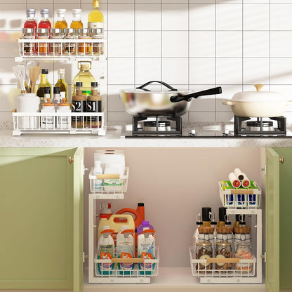 2-Tier Kitchen Under Sink Organiser Storage with Height Adjustable, Unique Slide Rail & Suction Cups for V178-36081