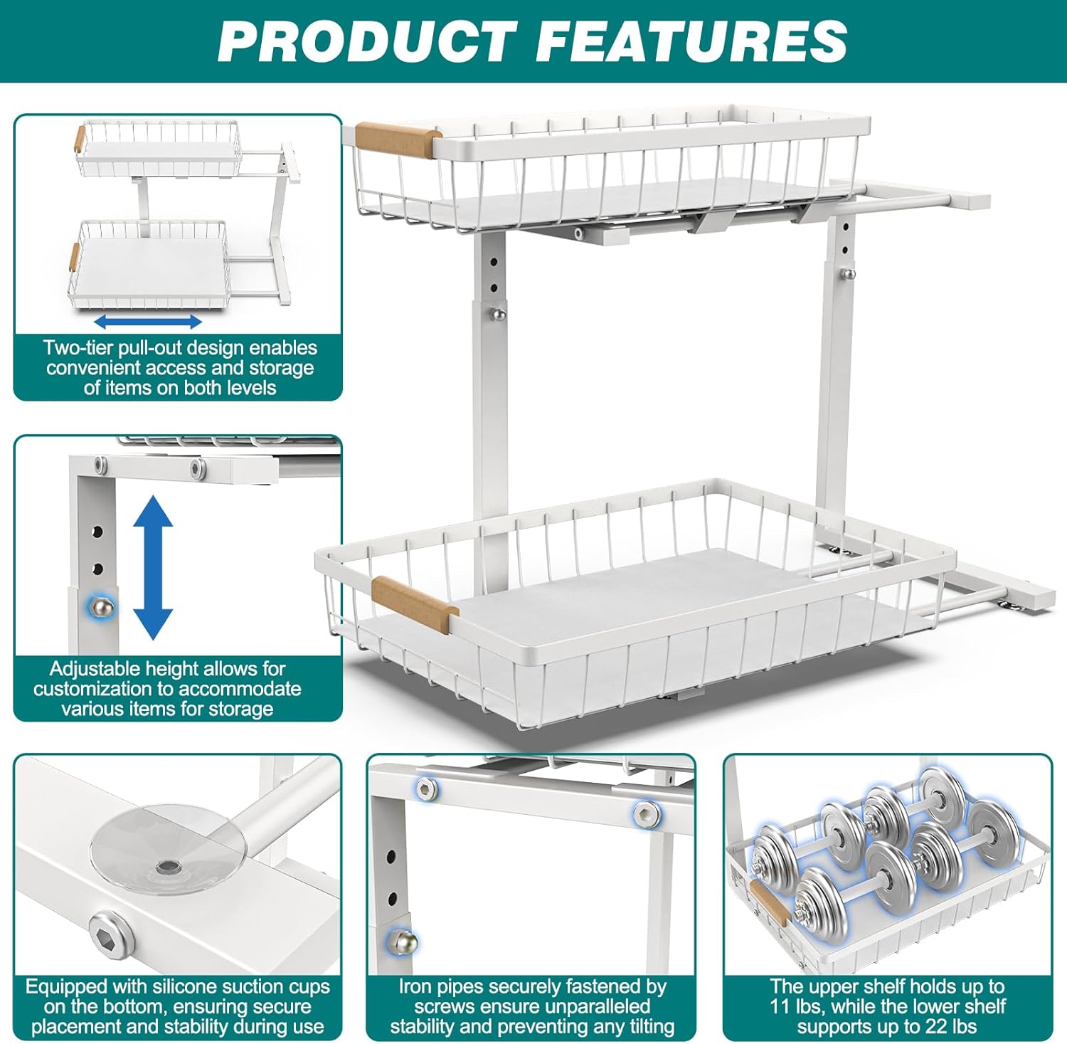 2-Tier Kitchen Under Sink Organiser Storage with Height Adjustable, Unique Slide Rail & Suction Cups for V178-36081