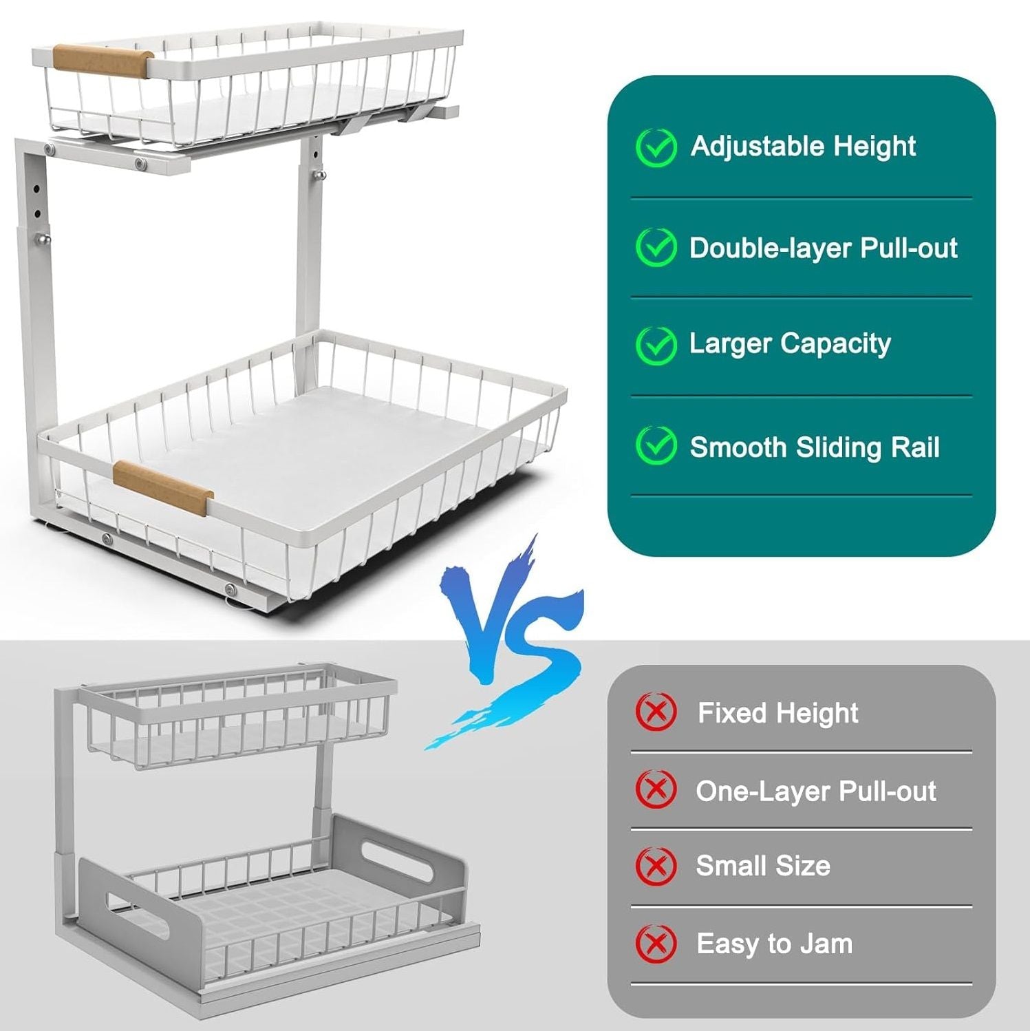 2-Tier Kitchen Under Sink Organiser Storage with Height Adjustable, Unique Slide Rail & Suction Cups for V178-36081