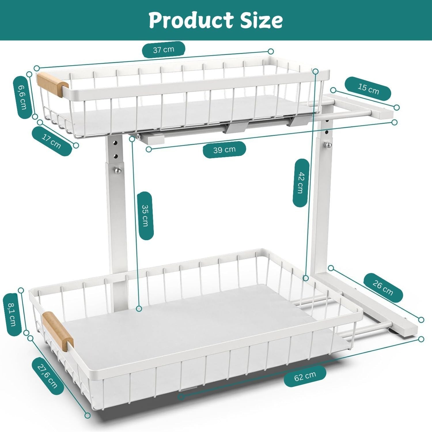 2-Tier Kitchen Under Sink Organiser Storage with Height Adjustable, Unique Slide Rail & Suction Cups for V178-36081