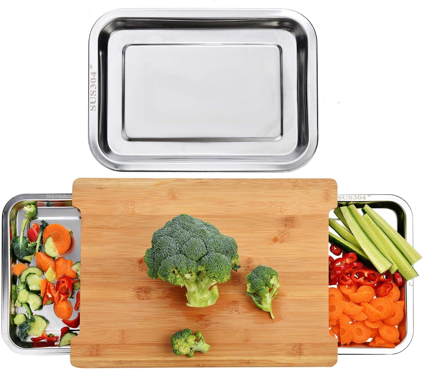 Chopping Board with with 2 Organiser Stainless Steel Trays Containers V178-36085