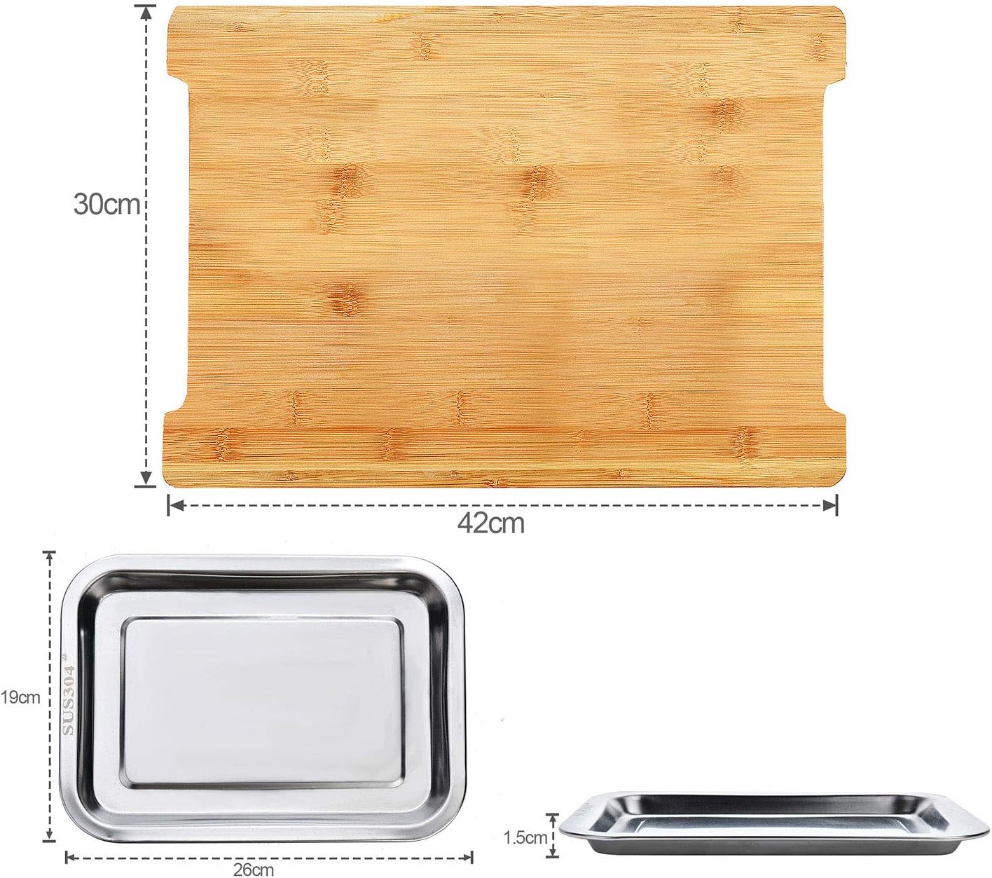 Chopping Board with with 2 Organiser Stainless Steel Trays Containers V178-36085