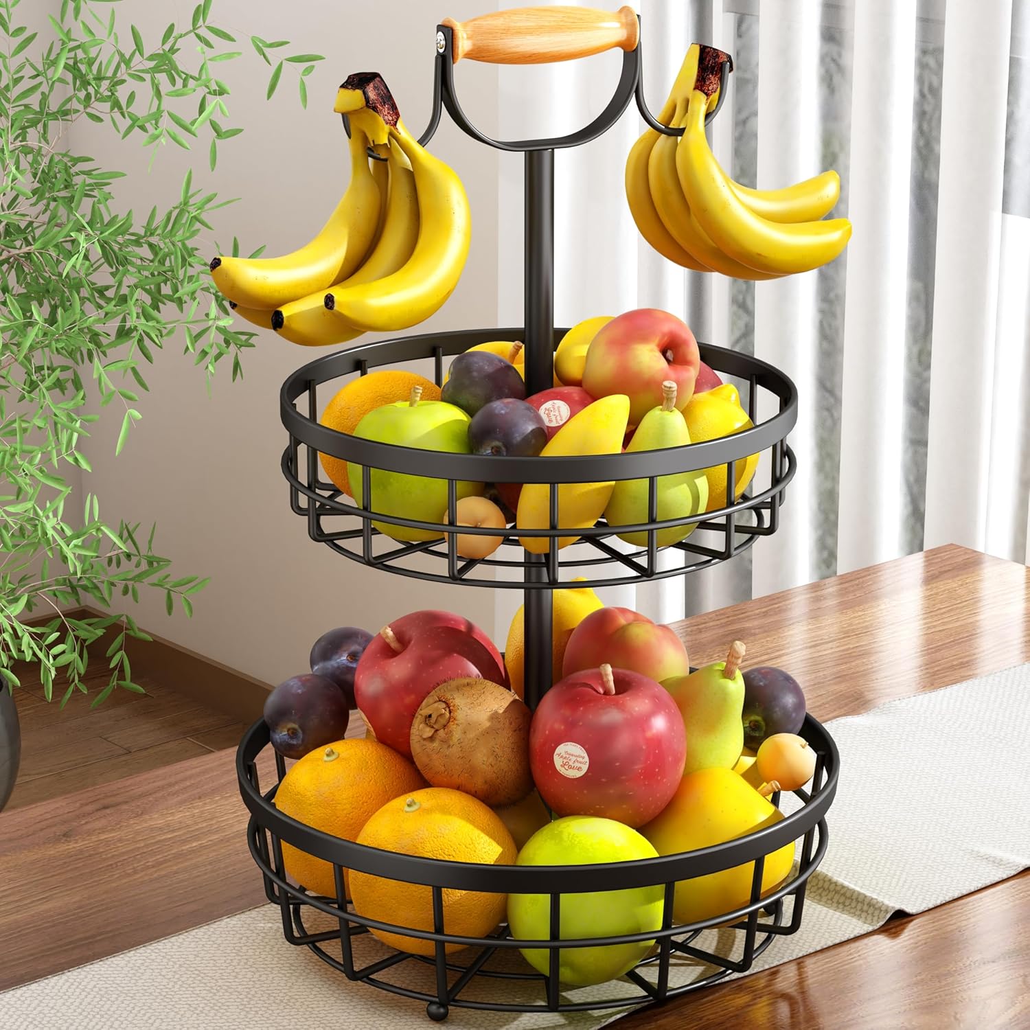 2-Tier Fruit Basket Bowl Storage with Wood Lift Handle and Dual Banana Tree Hanger for Kitchen Countertop V178-36086