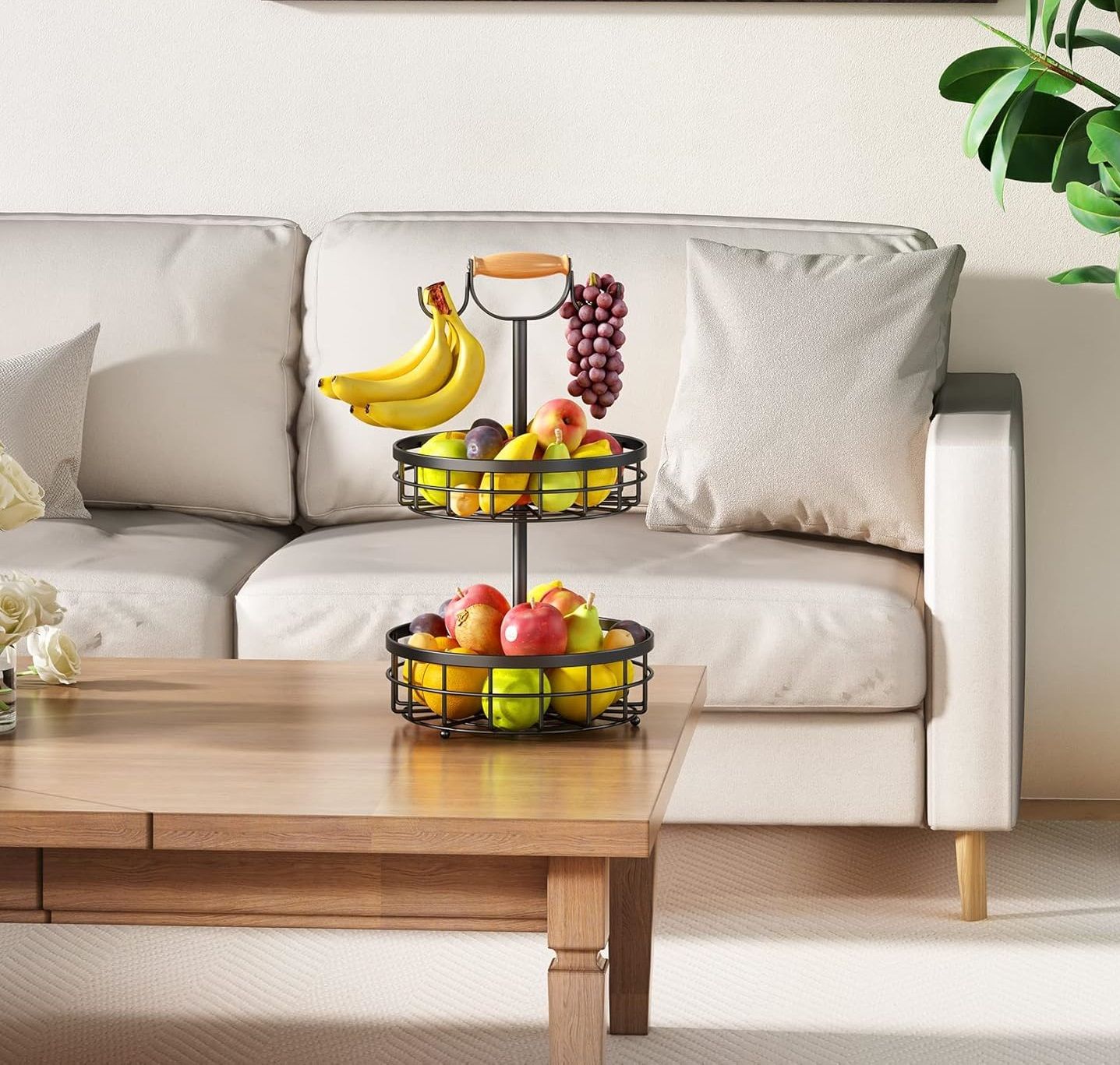 2-Tier Fruit Basket Bowl Storage with Wood Lift Handle and Dual Banana Tree Hanger for Kitchen Countertop V178-36086