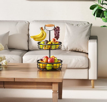 2-Tier Fruit Basket Bowl Storage with Wood Lift Handle and Dual Banana Tree Hanger for Kitchen Countertop V178-36086