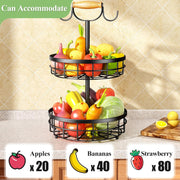 2-Tier Fruit Basket Bowl Storage with Wood Lift Handle and Dual Banana Tree Hanger for Kitchen Countertop V178-36086