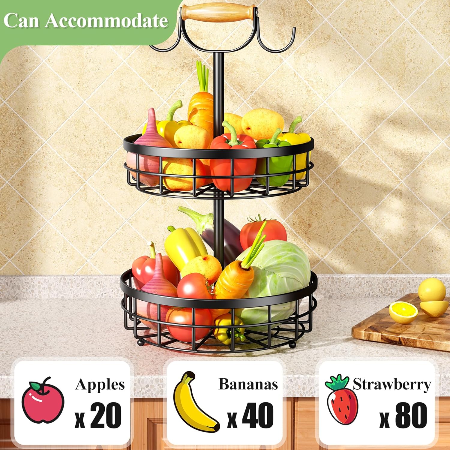 2-Tier Fruit Basket Bowl Storage with Wood Lift Handle and Dual Banana Tree Hanger for Kitchen Countertop V178-36086