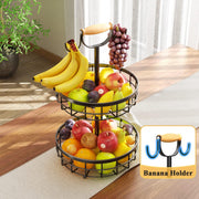 2-Tier Fruit Basket Bowl Storage with Wood Lift Handle and Dual Banana Tree Hanger for Kitchen Countertop V178-36086