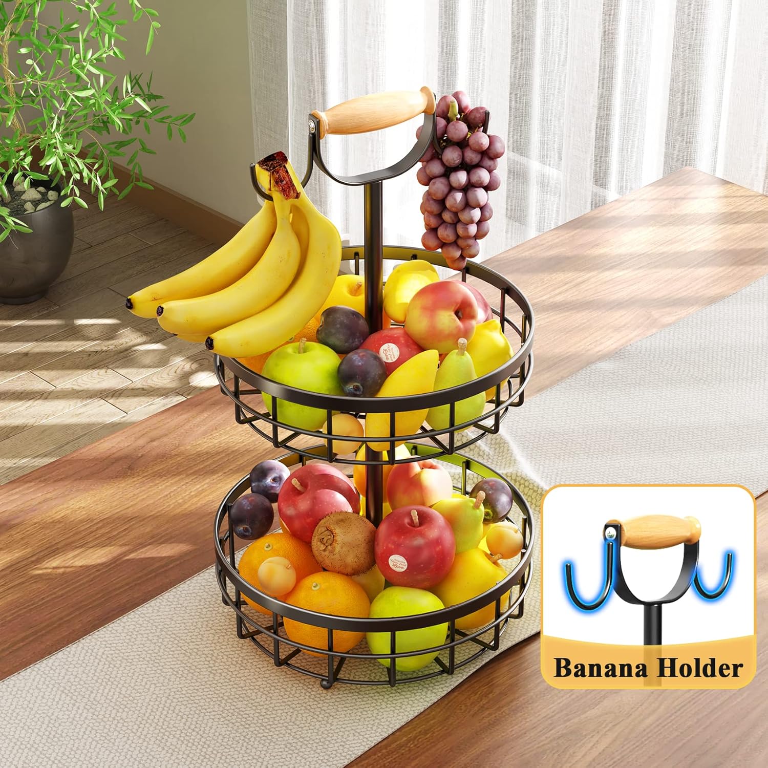 2-Tier Fruit Basket Bowl Storage with Wood Lift Handle and Dual Banana Tree Hanger for Kitchen Countertop V178-36086