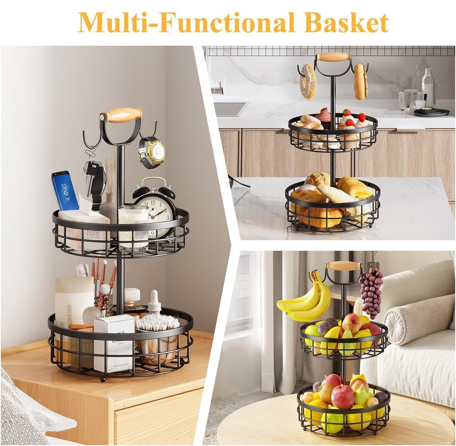 2-Tier Fruit Basket Bowl Storage with Wood Lift Handle and Dual Banana Tree Hanger for Kitchen Countertop V178-36086