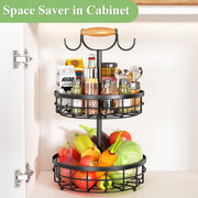 2-Tier Fruit Basket Bowl Storage with Wood Lift Handle and Dual Banana Tree Hanger for Kitchen Countertop V178-36086