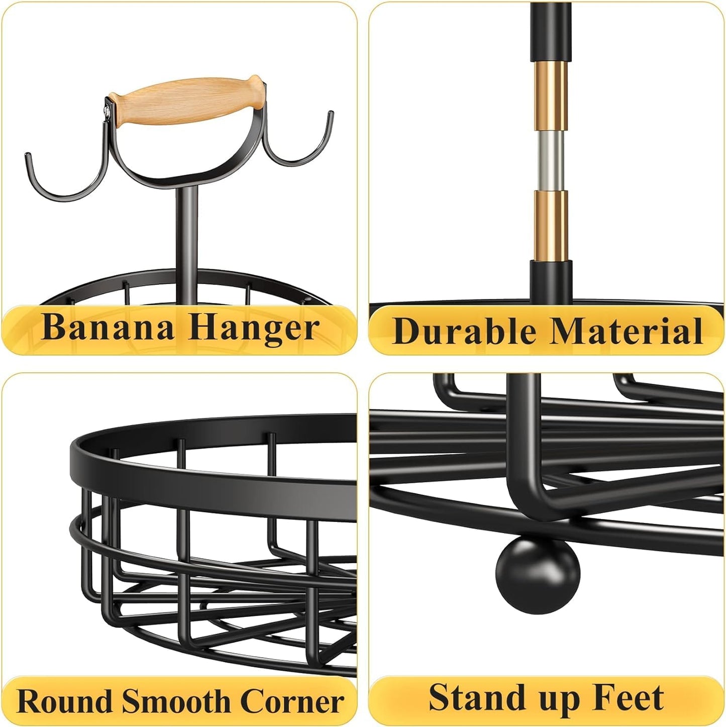 2-Tier Fruit Basket Bowl Storage with Wood Lift Handle and Dual Banana Tree Hanger for Kitchen Countertop V178-36086