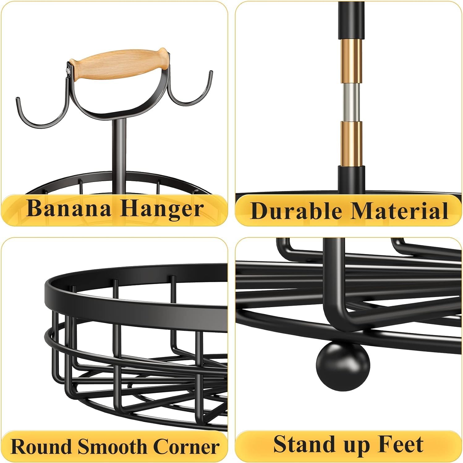 2-Tier Fruit Basket Bowl Storage with Wood Lift Handle and Dual Banana Tree Hanger for Kitchen Countertop V178-36086