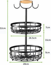 2-Tier Fruit Basket Bowl Storage with Wood Lift Handle and Dual Banana Tree Hanger for Kitchen Countertop V178-36086