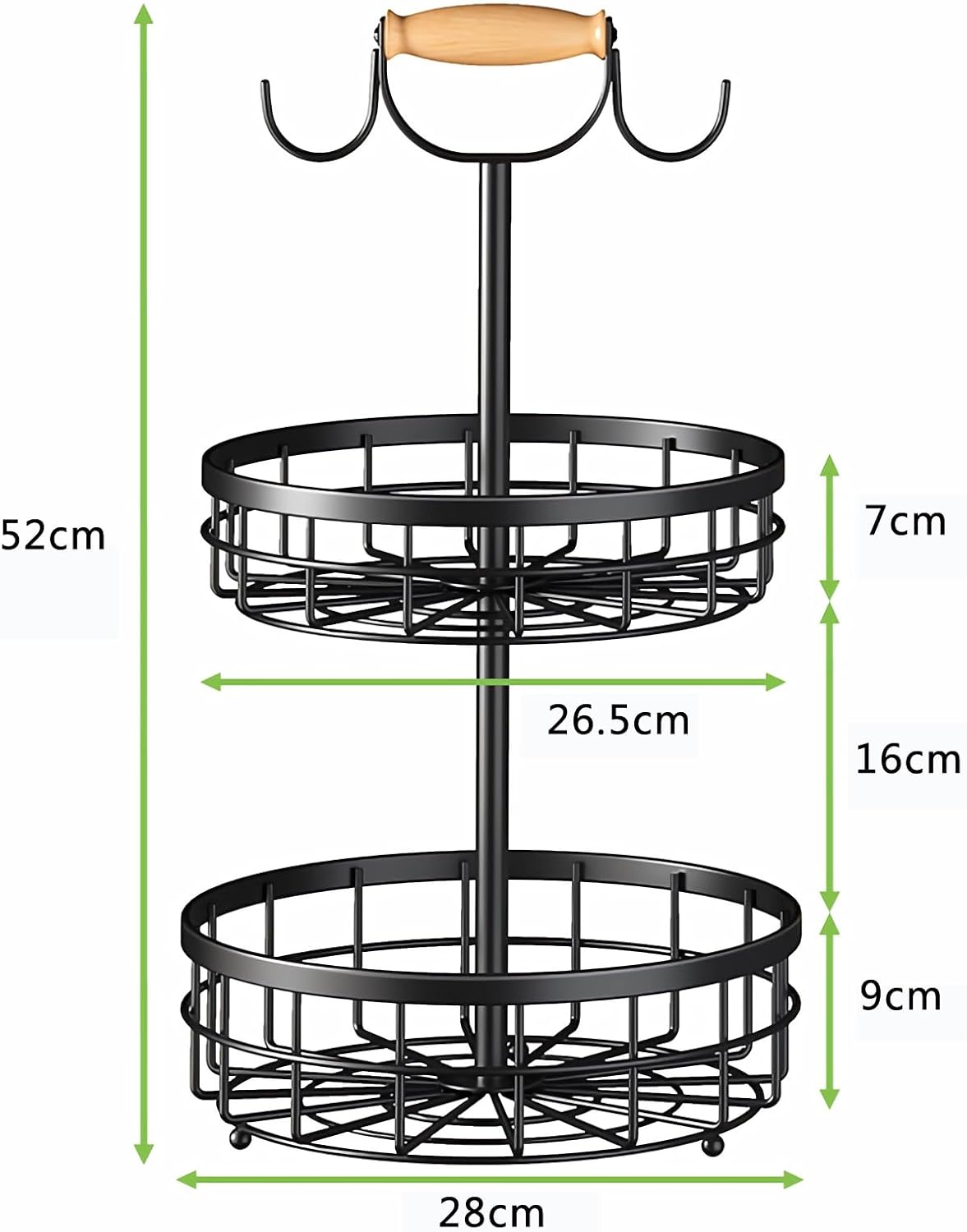 2-Tier Fruit Basket Bowl Storage with Wood Lift Handle and Dual Banana Tree Hanger for Kitchen Countertop V178-36086