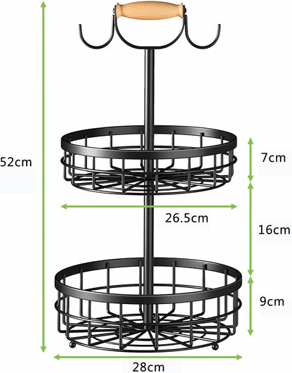 2-Tier Fruit Basket Bowl Storage with Wood Lift Handle and Dual Banana Tree Hanger for Kitchen Countertop V178-36086
