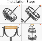 2-Tier Fruit Basket Bowl Storage with Wood Lift Handle and Dual Banana Tree Hanger for Kitchen Countertop V178-36086