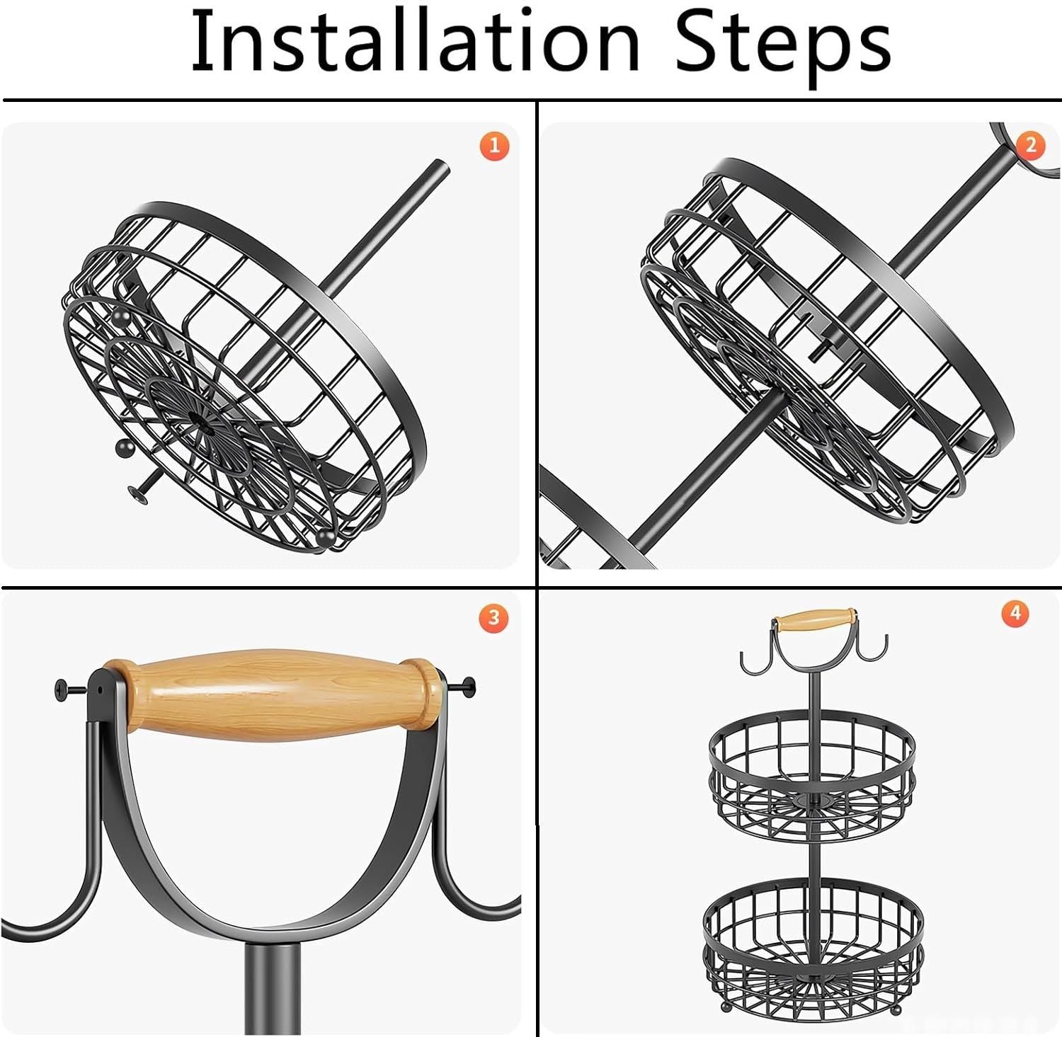 2-Tier Fruit Basket Bowl Storage with Wood Lift Handle and Dual Banana Tree Hanger for Kitchen Countertop V178-36086
