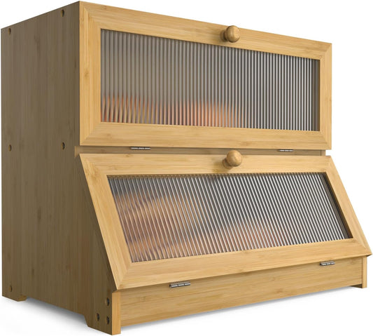 Double Layer Bamboo Bread Box for Kitchen Counter with Large Capacity and Clear Window V178-36087