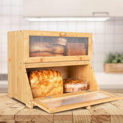 Double Layer Bamboo Bread Box for Kitchen Counter with Large Capacity and Clear Window V178-36087