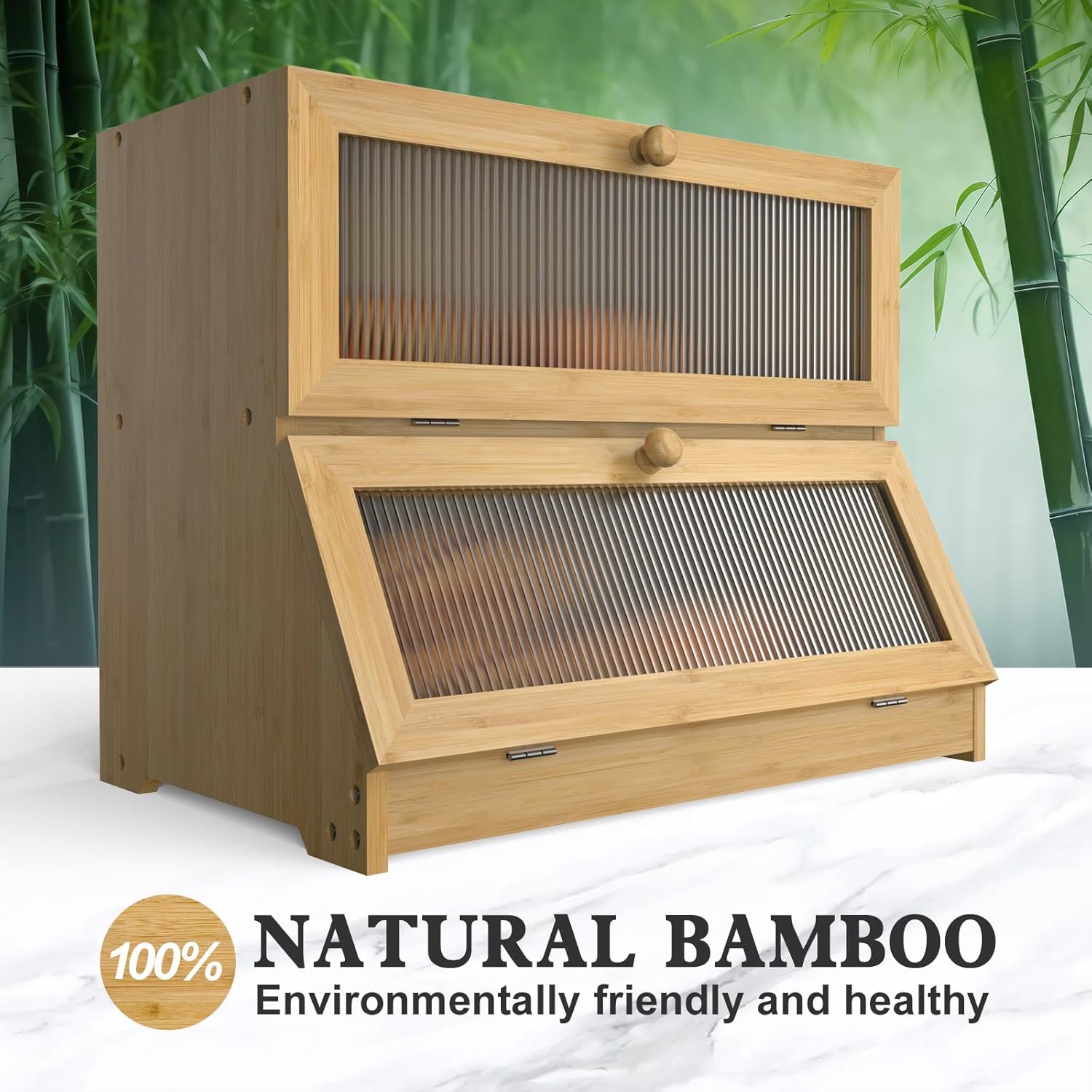 Double Layer Bamboo Bread Box for Kitchen Counter with Large Capacity and Clear Window V178-36087