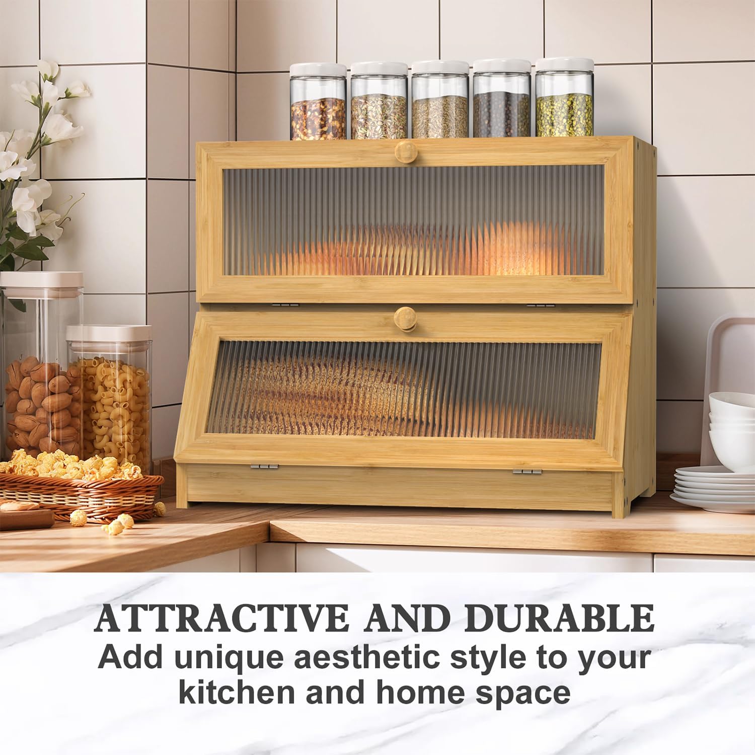 Double Layer Bamboo Bread Box for Kitchen Counter with Large Capacity and Clear Window V178-36087