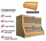 Double Layer Bamboo Bread Box for Kitchen Counter with Large Capacity and Clear Window V178-36087