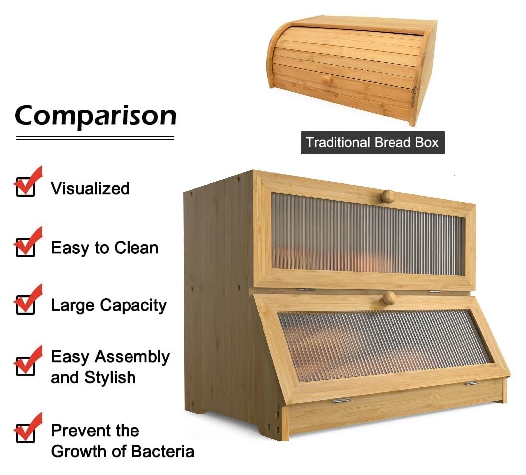 Double Layer Bamboo Bread Box for Kitchen Counter with Large Capacity and Clear Window V178-36087
