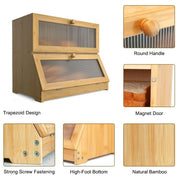 Double Layer Bamboo Bread Box for Kitchen Counter with Large Capacity and Clear Window V178-36087