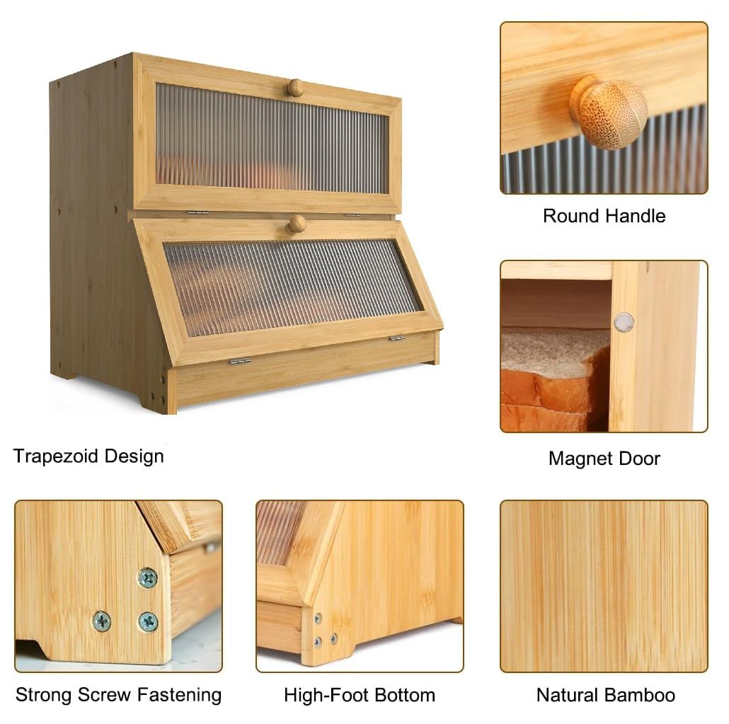 Double Layer Bamboo Bread Box for Kitchen Counter with Large Capacity and Clear Window V178-36087