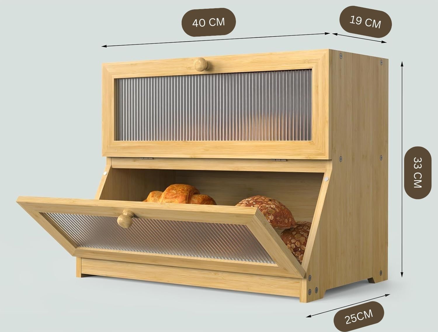 Double Layer Bamboo Bread Box for Kitchen Counter with Large Capacity and Clear Window V178-36087