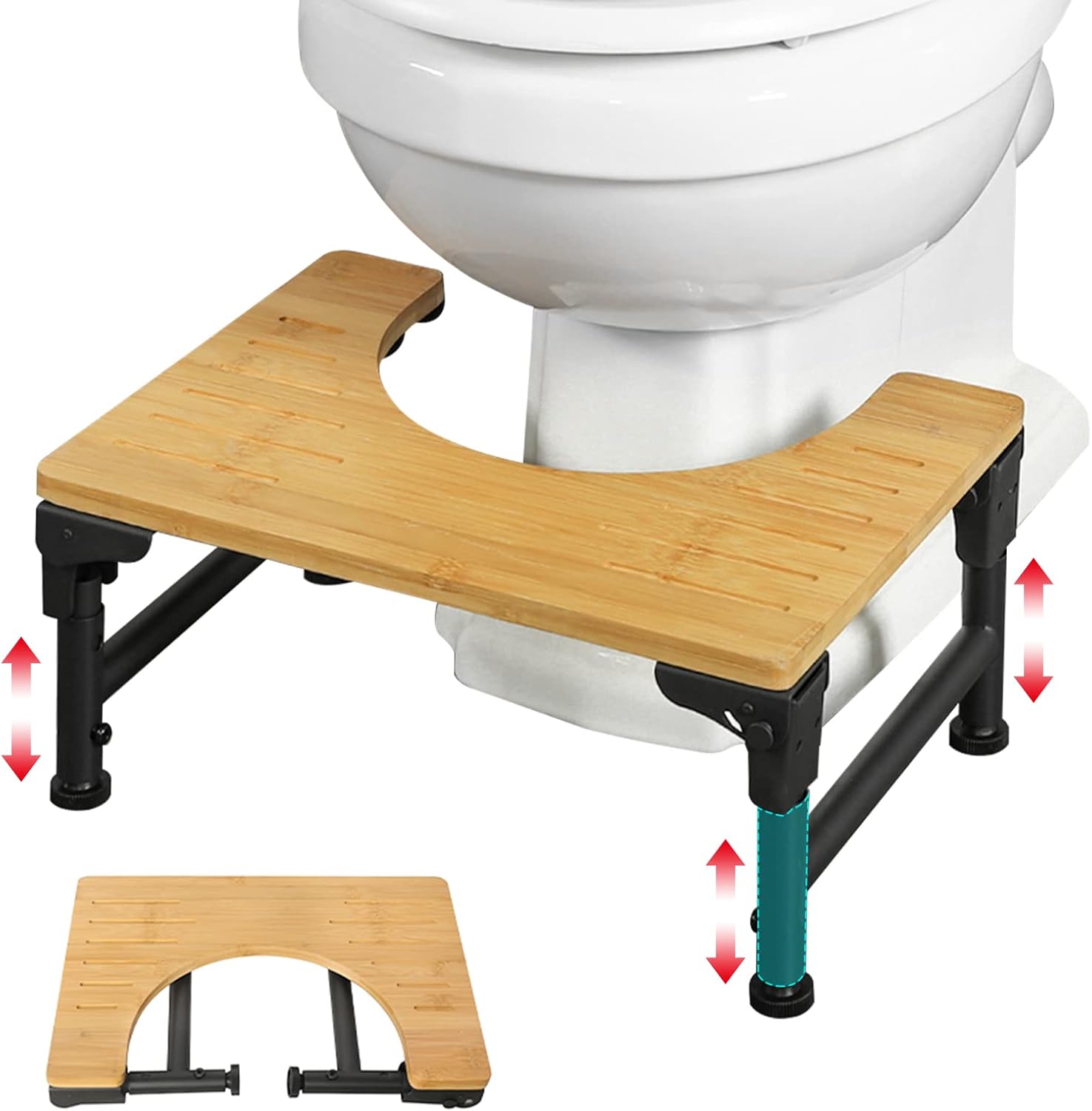 Bamboo Toilet Stool Foldable and Adjustable Height with Non-Slip Layer for Bathroom V178-36088