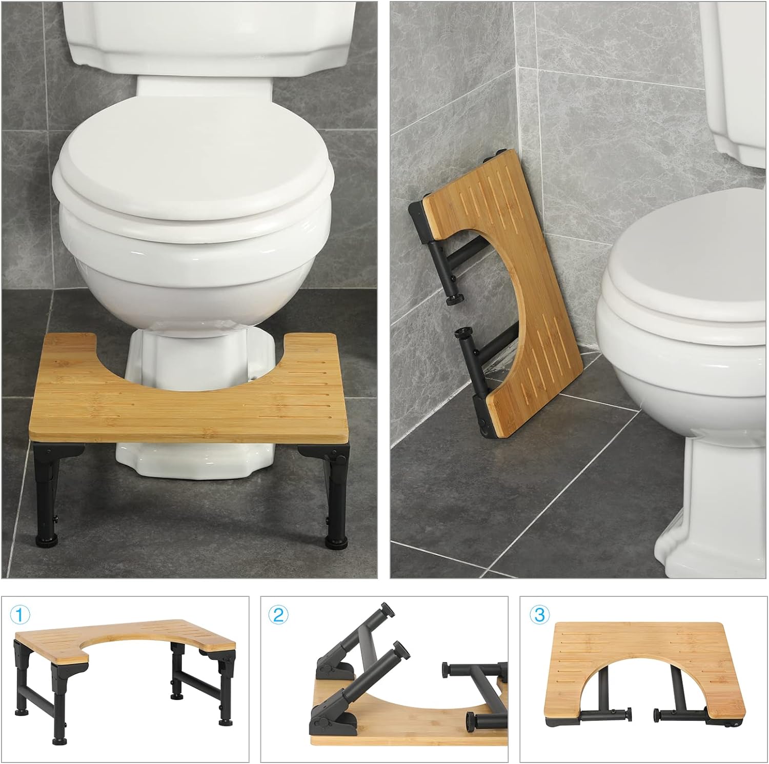 Bamboo Toilet Stool Foldable and Adjustable Height with Non-Slip Layer for Bathroom V178-36088