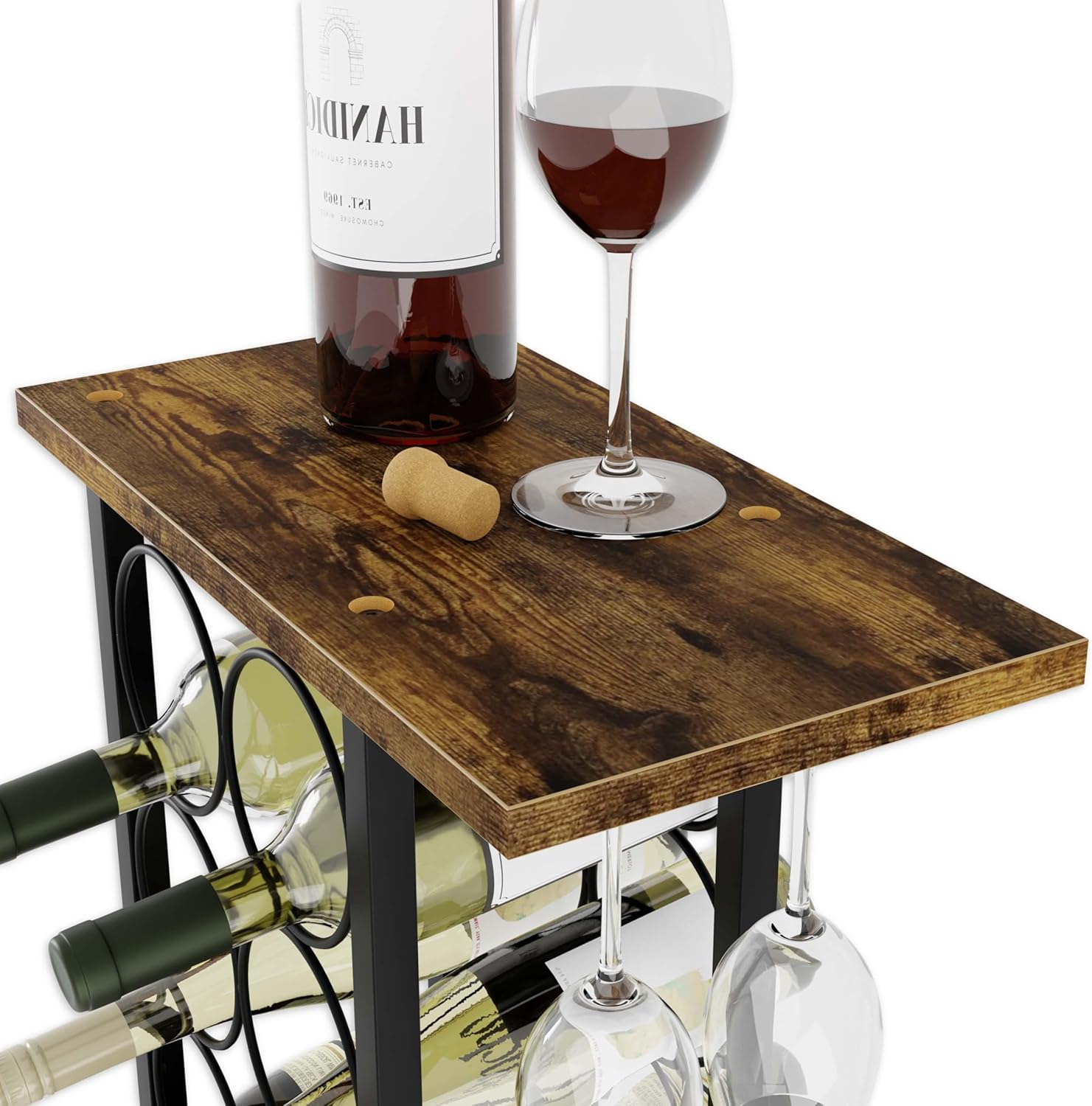 Wine Rack Countertop Wooden & Metal Holder for 6 Bottles & 2 Glasses V178-36089