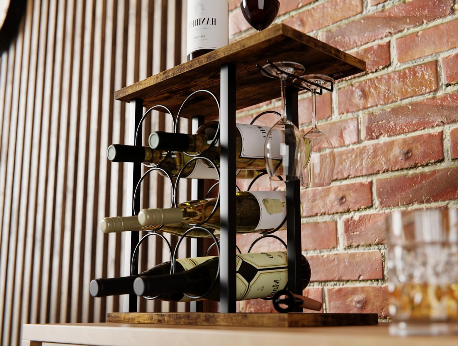 Wine Rack Countertop Wooden & Metal Holder for 6 Bottles & 2 Glasses V178-36089