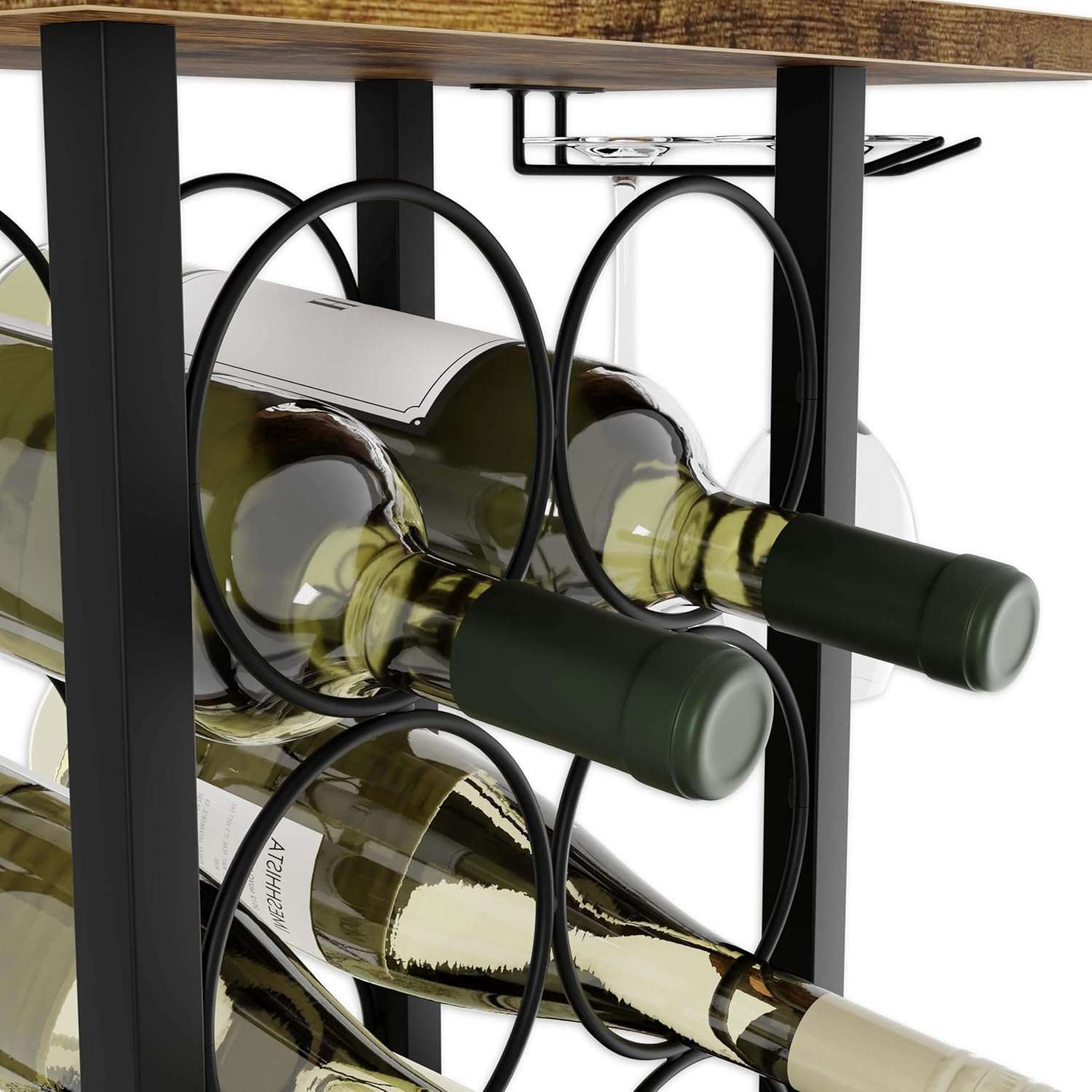 Wine Rack Countertop Wooden & Metal Holder for 6 Bottles & 2 Glasses V178-36089