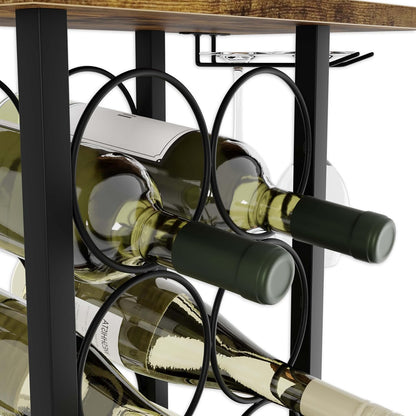 Wine Rack Countertop Wooden & Metal Holder for 6 Bottles & 2 Glasses V178-36089