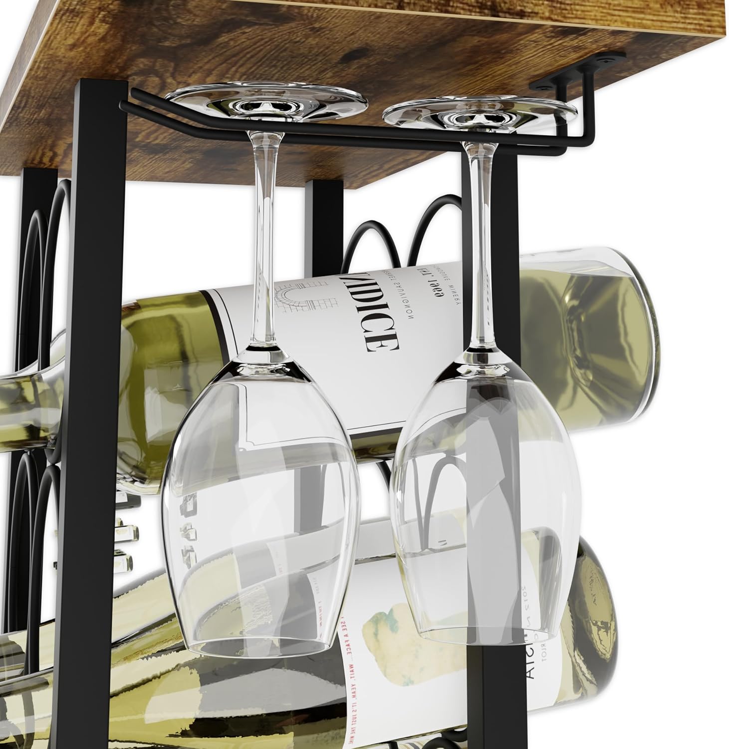 Wine Rack Countertop Wooden & Metal Holder for 6 Bottles & 2 Glasses V178-36089