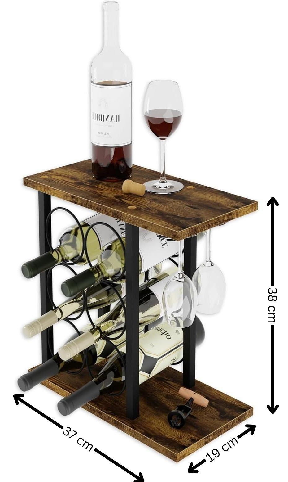 Wine Rack Countertop Wooden & Metal Holder for 6 Bottles & 2 Glasses V178-36089