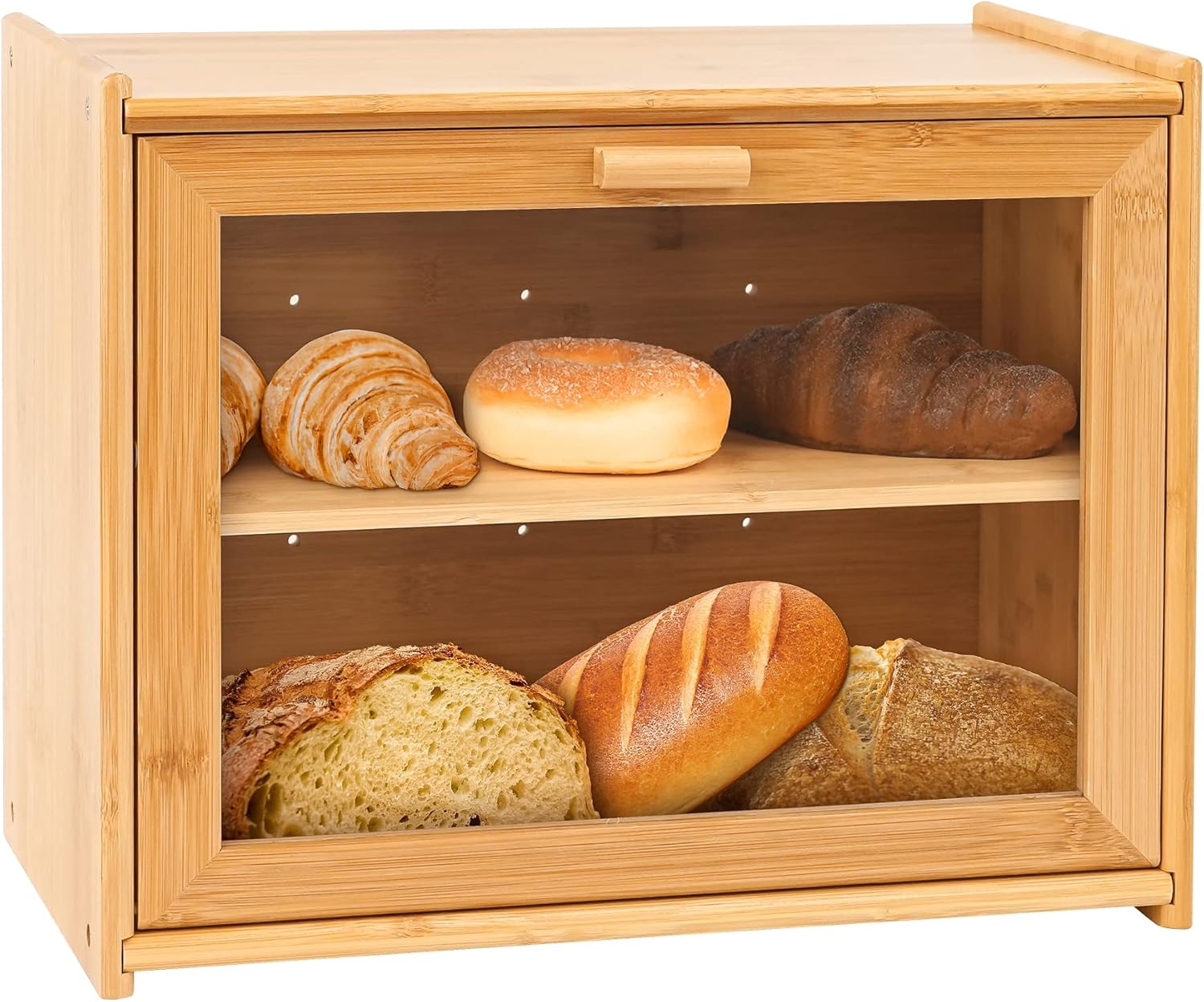 Double Layer Bamboo Bread Box for Kitchen Counter with Large Capacity and Transparent Window V178-36092