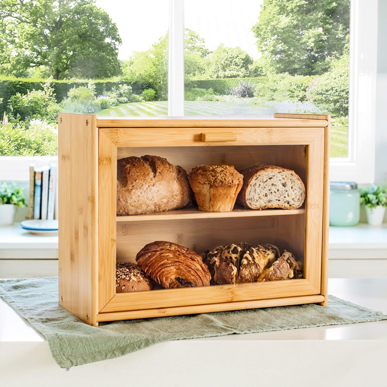 Double Layer Bamboo Bread Box for Kitchen Counter with Large Capacity and Transparent Window V178-36092