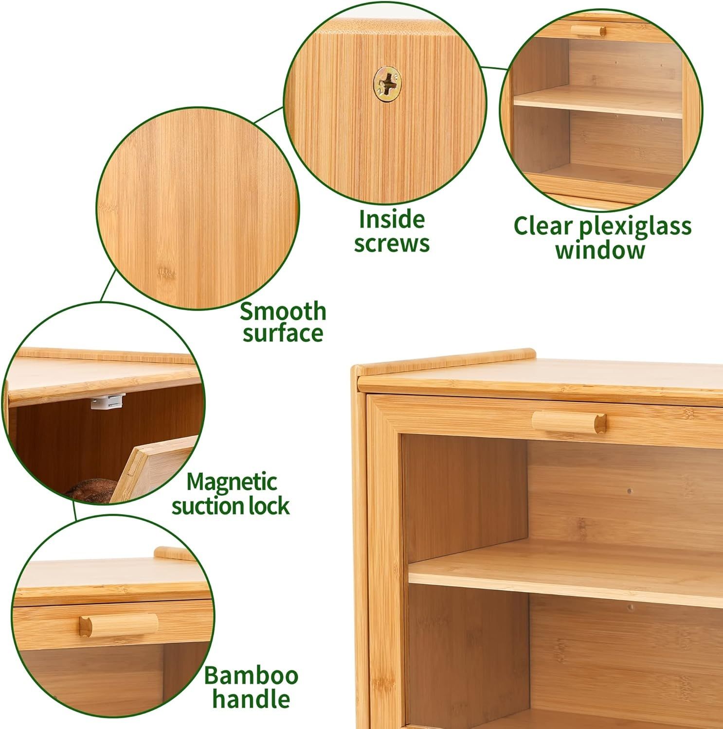 Double Layer Bamboo Bread Box for Kitchen Counter with Large Capacity and Transparent Window V178-36092