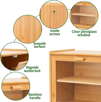 Double Layer Bamboo Bread Box for Kitchen Counter with Large Capacity and Transparent Window V178-36092