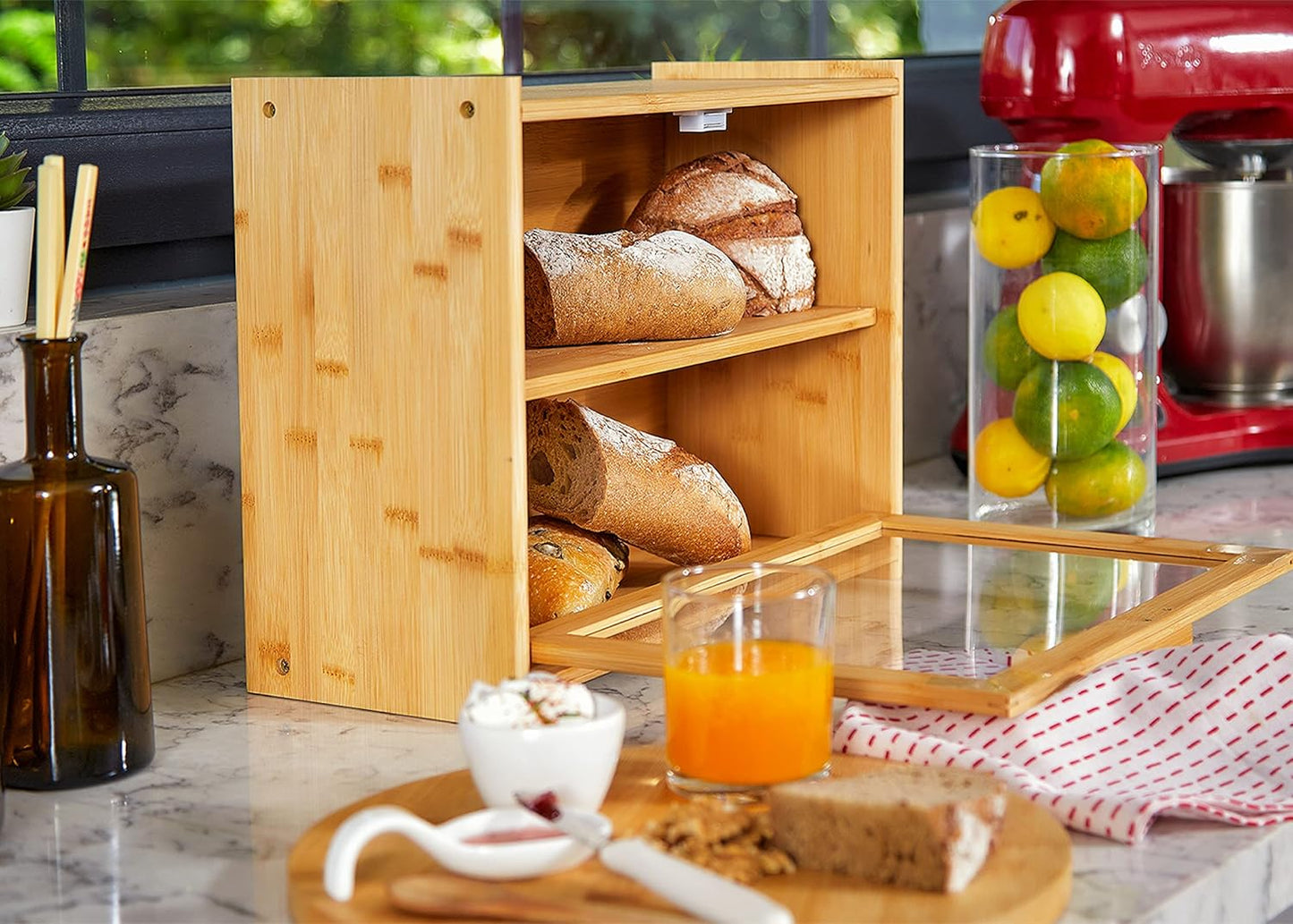 Double Layer Bamboo Bread Box for Kitchen Counter with Large Capacity and Transparent Window V178-36092