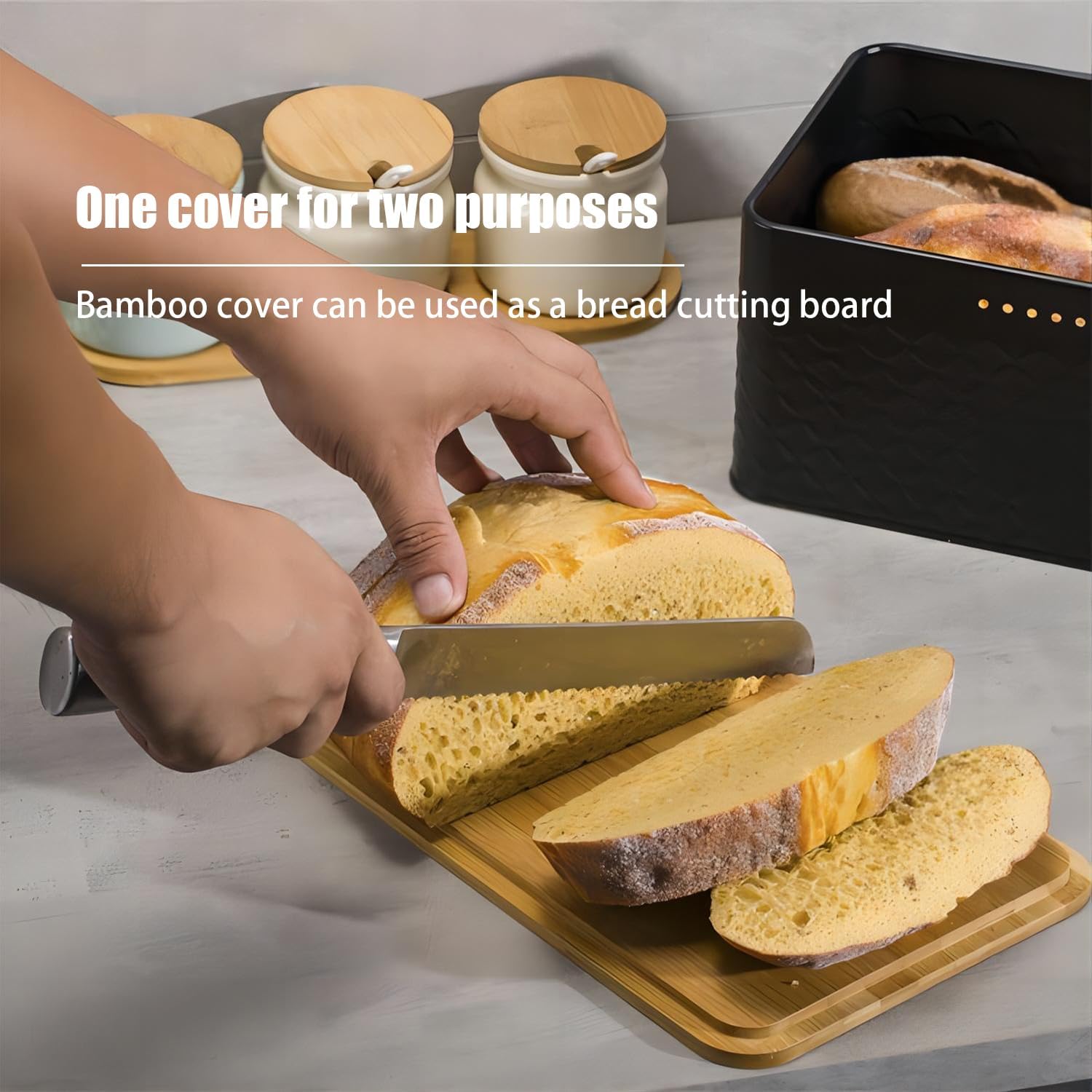 Bread Bin with Bamboo Lid used as Chopping Board for Kitchen Countertop V178-36093