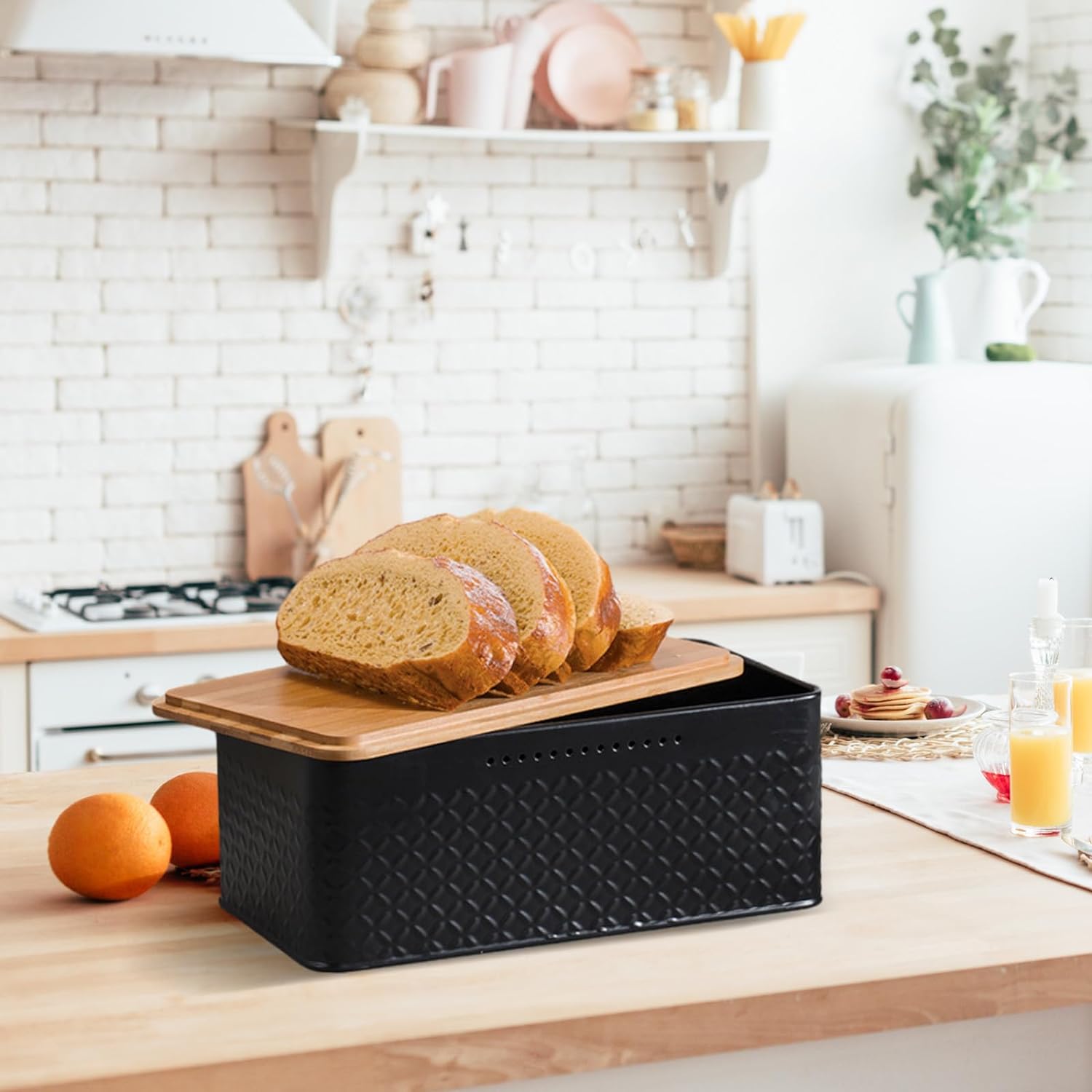 Bread Bin with Bamboo Lid used as Chopping Board for Kitchen Countertop V178-36093