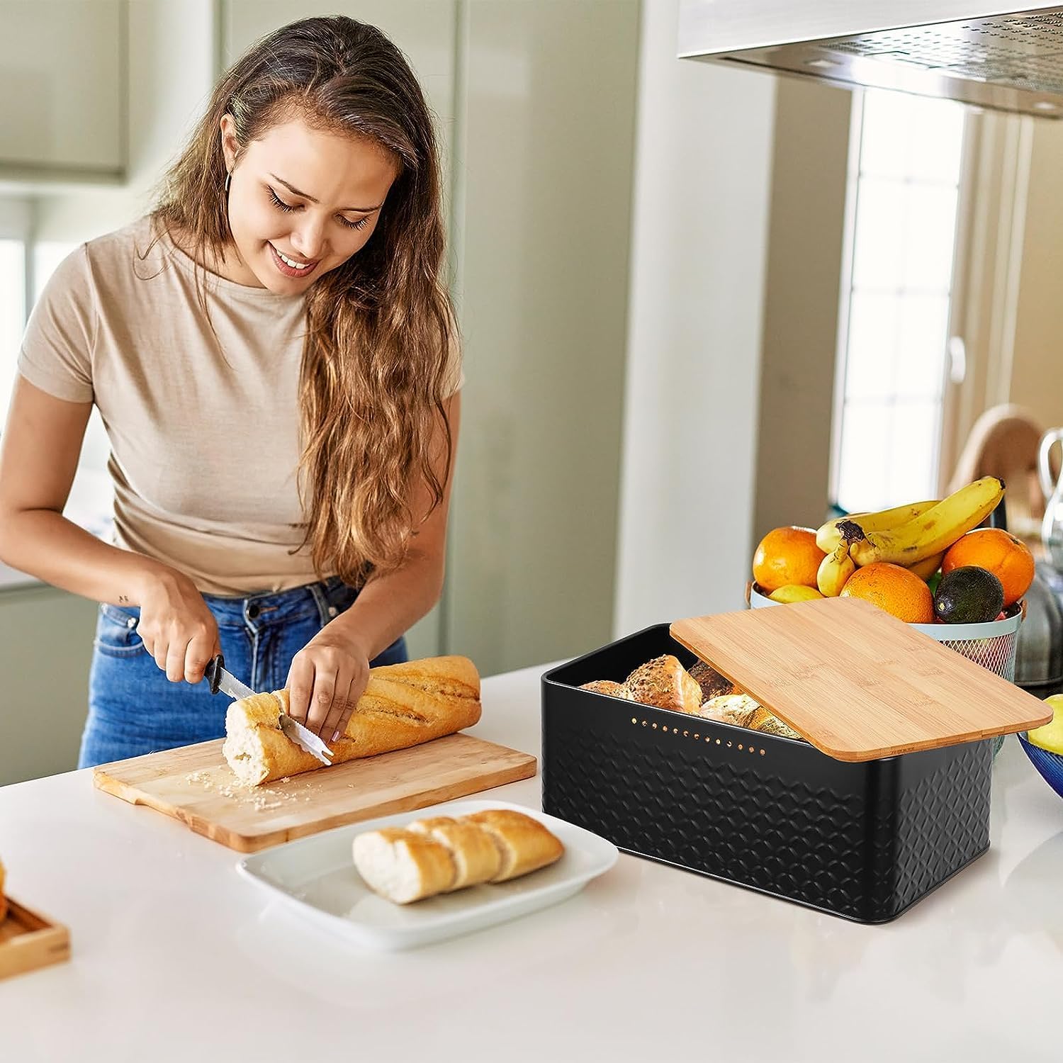 Bread Bin with Bamboo Lid used as Chopping Board for Kitchen Countertop V178-36093