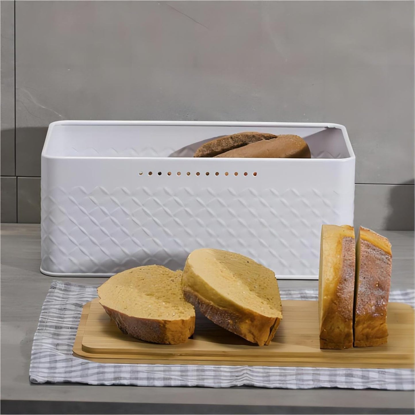 Bread Bin with Bamboo Lid used as Chopping Board for Kitchen Countertop V178-36094