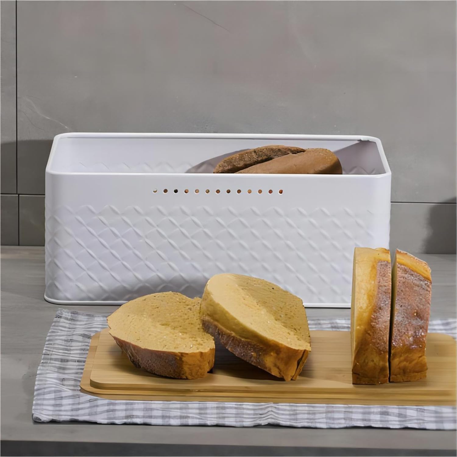 Bread Bin with Bamboo Lid used as Chopping Board for Kitchen Countertop V178-36094
