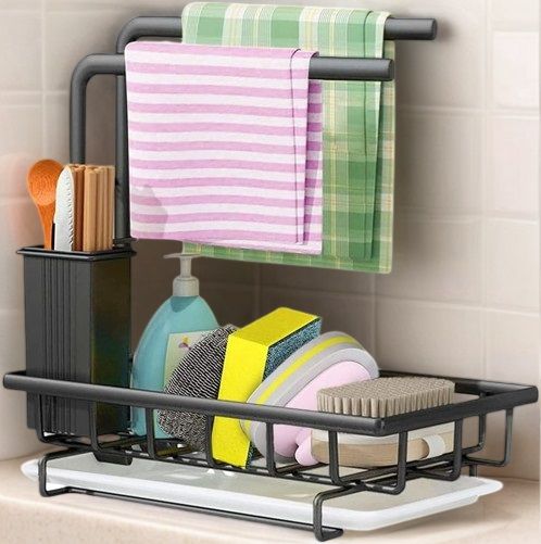 Sink Caddy Sponge Holder with Drain Tray, Brush Holder & Dishcloth Holder for Kitchen V178-36096
